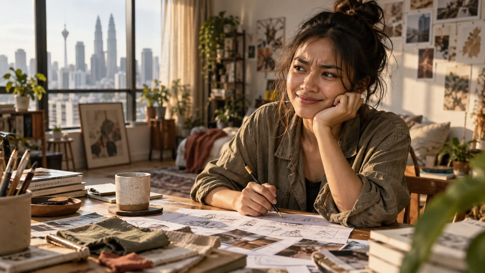 Creative at her desk, reflecting on an idea
